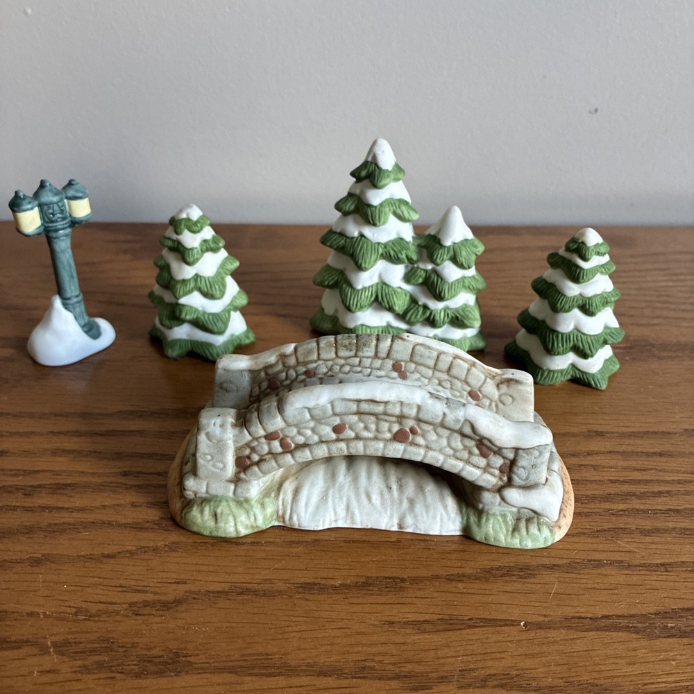 Vintage Homco Christmas Village Figurine 5106 Holiday Trees Lamp Bridge 5 pcs